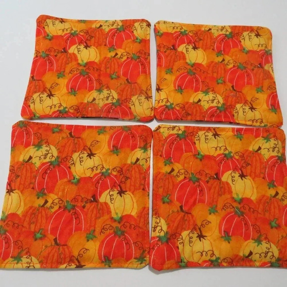 Fabric Coasters, Set Of 4, Reversible With Orange Pumpkins - Picture 3 of 6